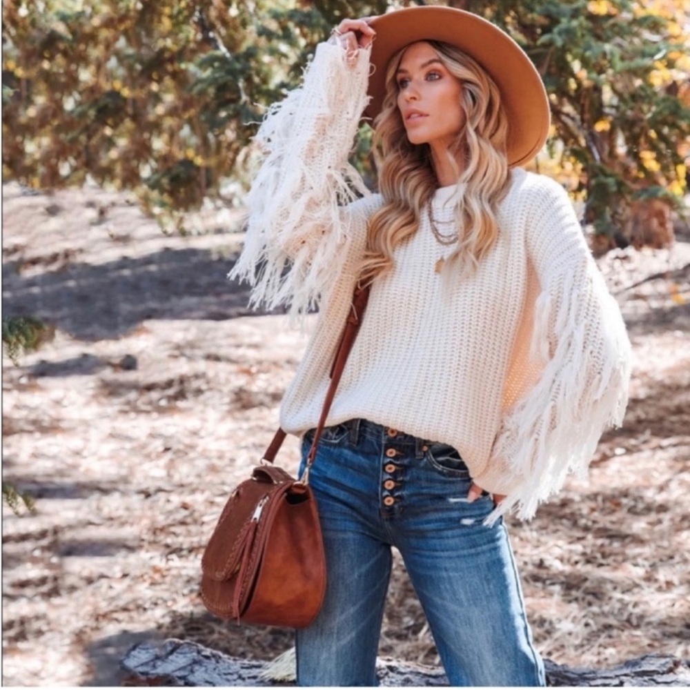 Vici Cream Fringe Sleeve Knit Sweater